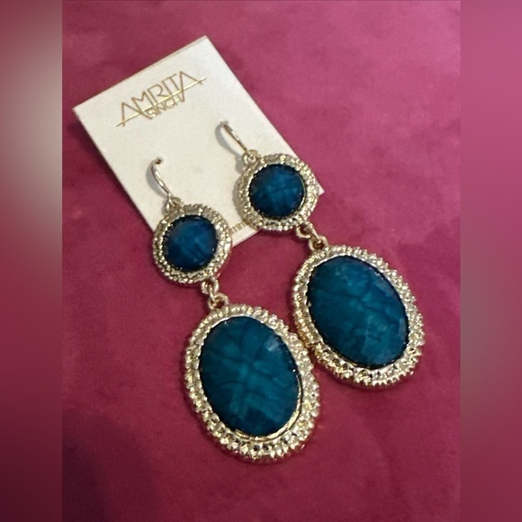 AMRITA SINGH EARRINGS DANGLE DROP GOLD PLATED LONG BLUE 0697 R - Picture 2 of 8